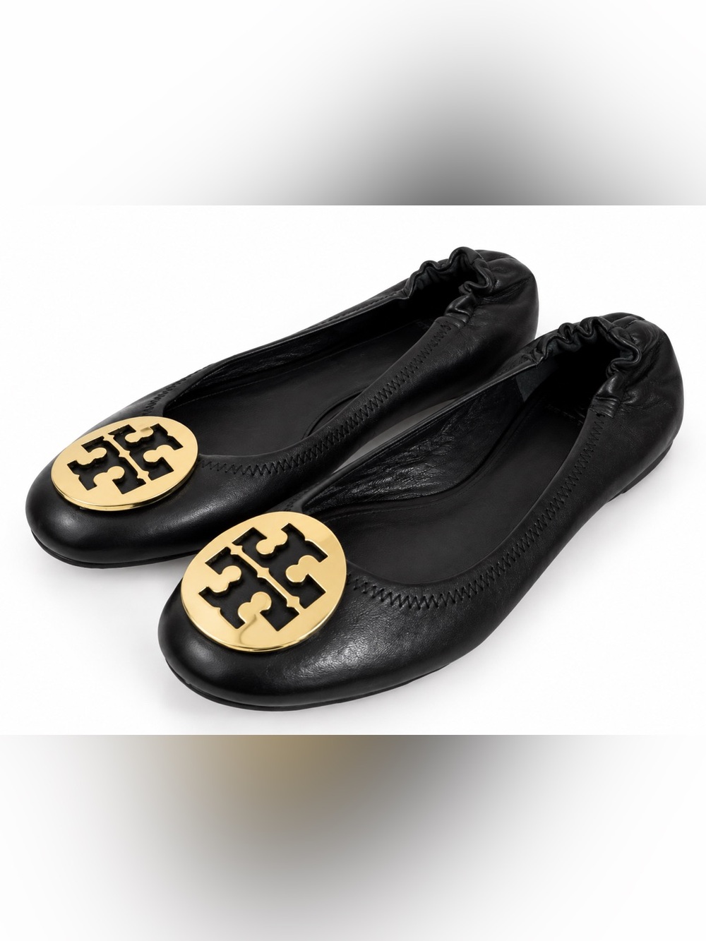 Tory Burch Black Leather Ballet Flats Gold Logo Medallion Almond Toe Size 9 EUC - Picture 6 of 6
